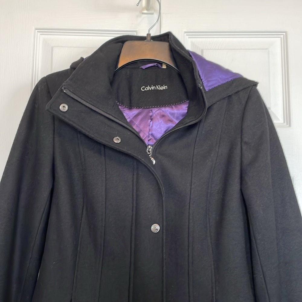 Women’s Calvin Klein Sz Small wool winter coat Removable hood zip & snap lined